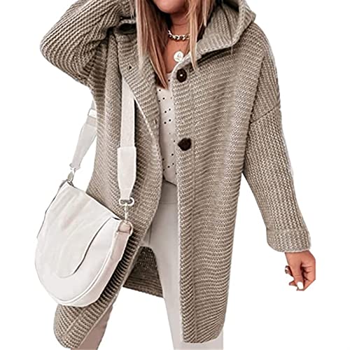 Sawmew Strickjacke Damen Grobstrick Cardigan Lang Damen Cardigan Langarm Grobstrickjacke Strickmantel mit Kapuze Wintermäntel Longstrickjacke Outwear Elegant ÜBergangsjacke (Color : Khaki, Size : L von Sawmew