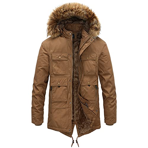 Sawmew Winterparka Herren Gefüttert Lang Winterjacke Fleecejacke Winter Steppjacke Warme Übergangsjacke Langarm Wintermantel mit Kapuze Große Größen Kapuzenjacke (Color : Brown, Size : L) von Sawmew