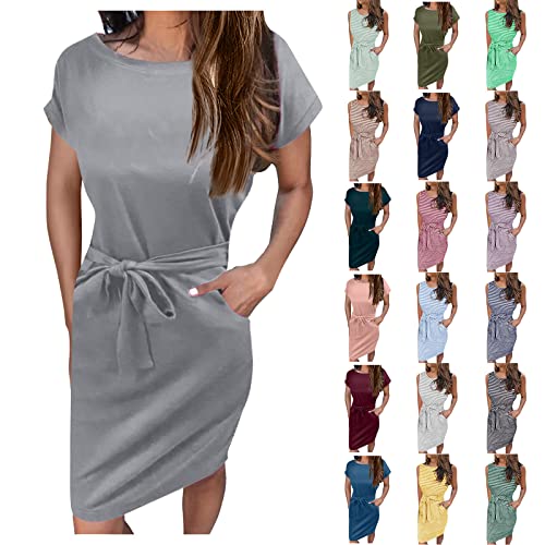 Damen Kurzarm T-Shirtkleid Mode Ärmellos Tankkleid Elegant Mini Kleider Rundhals Shirtkleid Tank Tops Freizeitkleid Basic Streifen Sommerkleid Party Abendkleid Tunika Kleid mit Bund für Frauen von Saymany