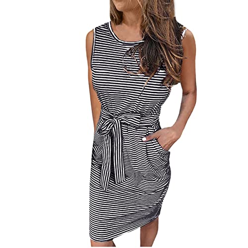 Damen Kurzarm T-Shirtkleid Mode Ärmellos Tankkleid Elegant Mini Kleider Rundhals Shirtkleid Tank Tops Freizeitkleid Basic Streifen Sommerkleid Party Abendkleid Tunika Kleid mit Bund für Frauen von Saymany