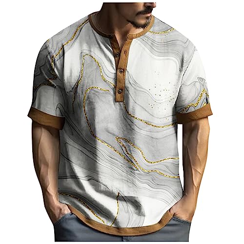 Saymany Henley Shirts Herren Kurzarm Vintage Drucken Tshirt V-Ausschnitt Tee Oberteil mit Knöpfe Streetwear Sommer Basic Top Bluse Sportshirt Laufshirt Kurzarmshirt Beiläufig T Shirts für Männer von Saymany