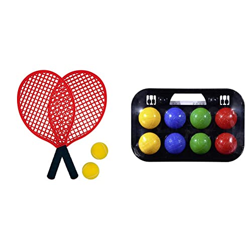 Schildkröt Soft Tennis Set Beach in Tasche trainiert Geschicklichkeit, Reaktion und Fitness, Rot, 40 cm & Simba 107401391 - Boccia Spiel Tragekorb, 8 Kugeln 7x8cm, 2 Zielkugeln von Schildkröt