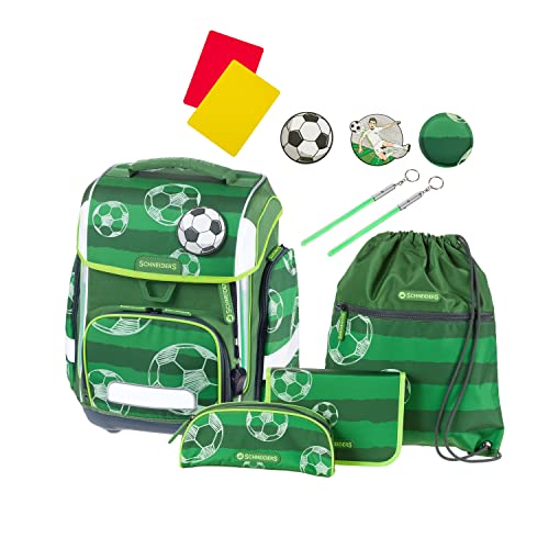 Schneiders 78366-060 - Schulranzen Ergolite Soccer Cup, 9-teiliges Set mit Schultasche, Federmäppchen, Schlamper, Sportbeutel, 3 Klett-Motiven und 2 Leuchtstäben von Schneiders