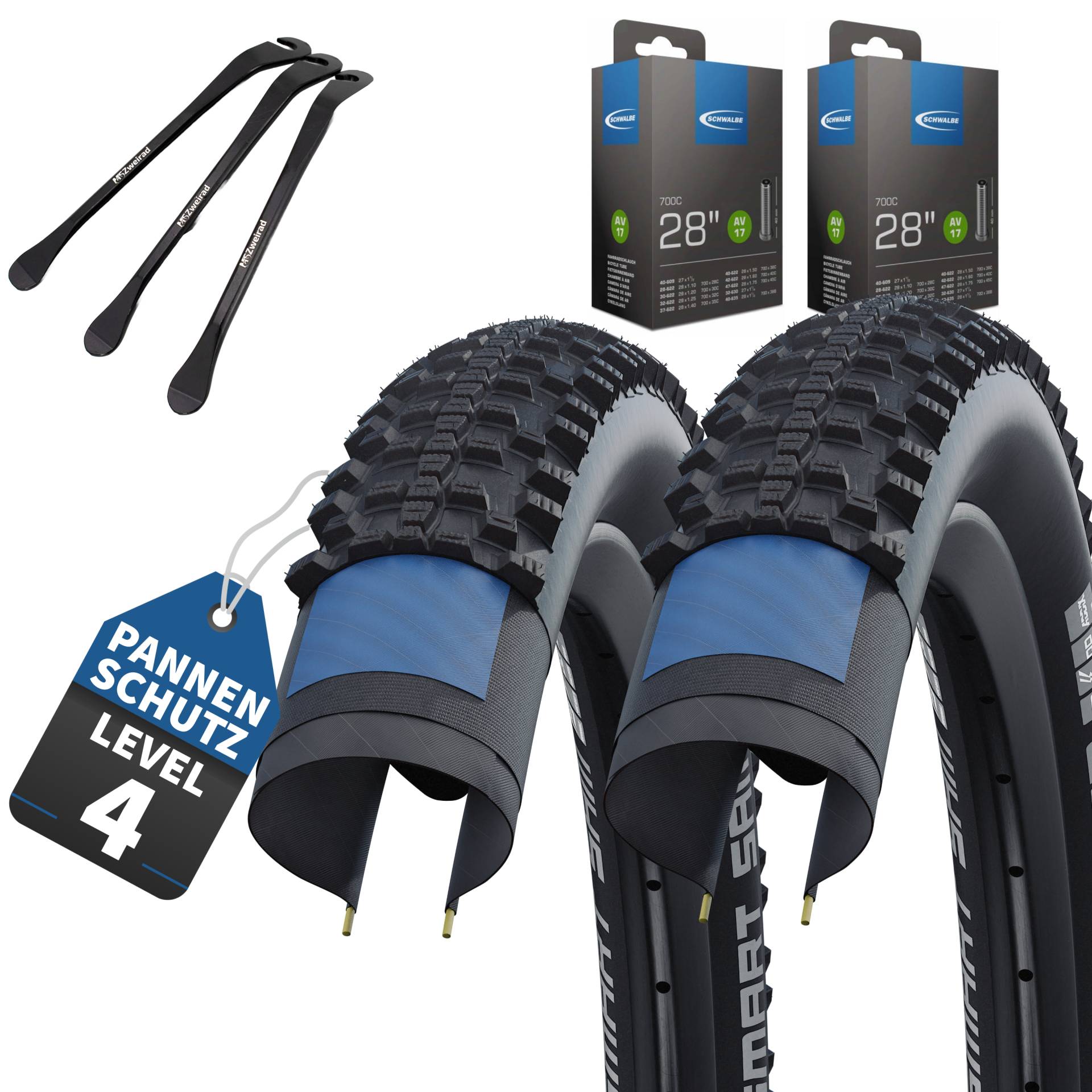 2x Schwalbe Reifen Smart Sam Race Guard schwarz 28 x 1,65" (44-622) Faltreifen + AV Schlauch + MSZweirad Reifenheber von Schwalbe