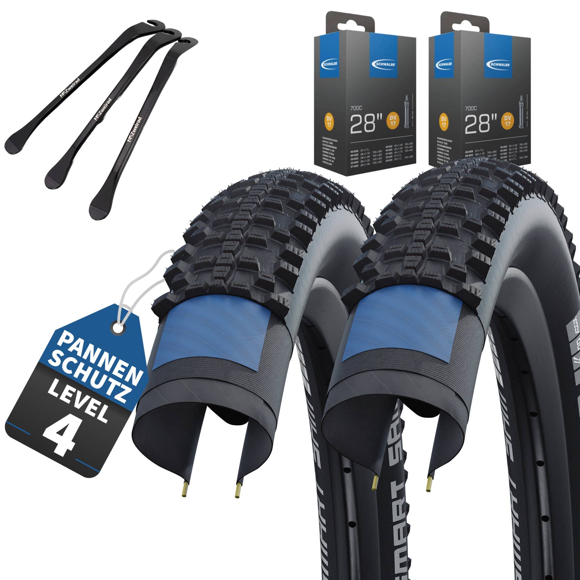 2x Schwalbe Reifen Smart Sam Race Guard schwarz 28 x 1,65" (44-622) Faltreifen + DV Schlauch + MSZweirad Reifenheber von Schwalbe