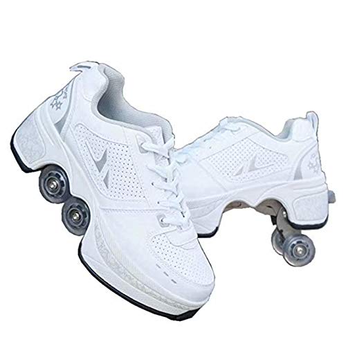 ScificWom Roller Skates Shoes, 2-in-1 Multi-Purpose Shoes with Wheels, Kick Roller Shoes,Roller Skates Shoes, Adjustable Quad Roller Skate Boots,Skating Schuhe,Silberweiß 32 von ScificWom