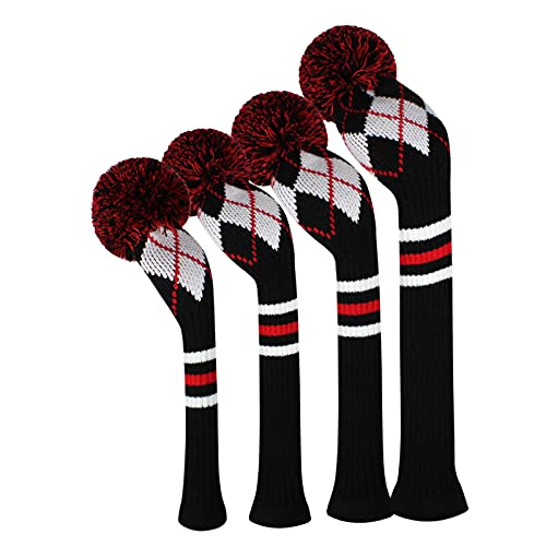 Knit Woods Golfschlägerhauben für Driver (460CC) Fairways Hybrid/UT, weich und warm, hält Schläger sauber 4 Stück (Black White Red Argyle) von Scott Edward