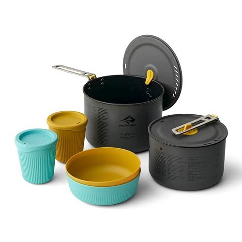SEA TO SUMMIT - Frontier Two Pot Cook Set - Ultraleichtes Camping Kochset - 4 Personen, 14-teilig - Antihaft-Töpfe 2L & 3L + Siebdeckel + 4 Schüsseln, Messer & Gabeln - BPA-frei - Alu - 867g SEA TO SUMMIT - Frontier Two Pot Cook Set - Ultraleichtes Camping Kochset - 4 Personen, 14-teilig - Antihaft-Töpfe 2L & 3L + Siebdeckel + 4 Schüsseln, Messer & Gabeln - BPA-frei - Alu - 867g von Sea to Summit