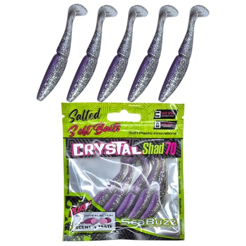 SEABUZZ Gummifische Angelköder Set 5 STK x 70mm - Gummiköder für Wels und Zander & Hecht - Forelle & Barsch Kunstköder - Raubfisch Angelnset - Süß- und Salzwasser Angelausrüstung (Purple Clear) von SeaBuzz