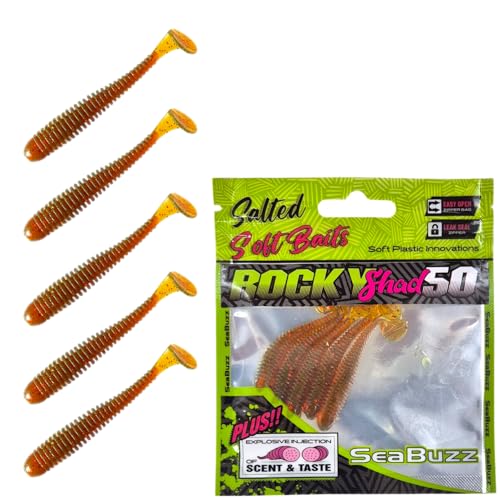 SEABUZZ Gummifische Angelköder Set Rocky Shad 5Stk x 50mm - Hecht Zander Wels Gummiköder - Forelle & Barsch Kunstköder - Raubfisch Angelnset - Süß- und Salzwasser Angelausrüstung (Cola) von SeaBuzz