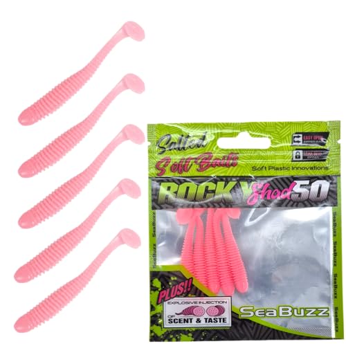 SEABUZZ Gummifische Angelköder Set Rocky Shad 5Stk x 50mm - Hecht Zander Wels Gummiköder - Forelle & Barsch Kunstköder - Raubfisch Angelnset - Süß- und Salzwasser Angelausrüstung (Milky Pink) von SeaBuzz