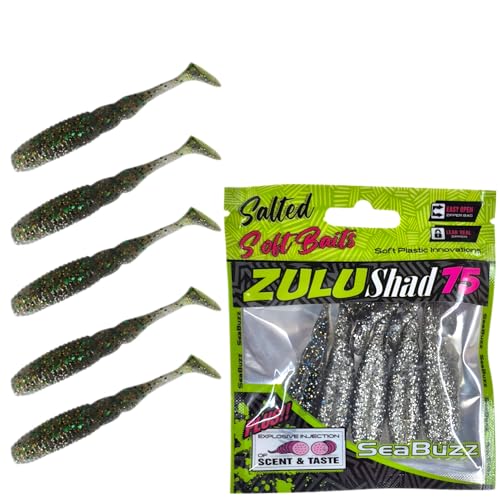 SEABUZZ Gummifische Angelköder Set Zulu Shad 5Stk x 75mm - Hecht Zander Barsch Gummiköder - Forelle & Wels Kunstköder - Raubfisch Angelnset - Süß- und Salzwasser Angelausrüstung (Dark Night/Seed) von SeaBuzz