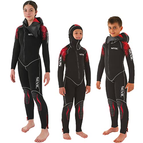 SEAC Unisex-Youth First einteiliger Neoprenanzug mit angesetzter Haube, für Kinder und Jugendliche, 5 mm Neopren, schwarz/rot, 13 Jahr SEAC Unisex-Youth First einteiliger Neoprenanzug mit angesetzter Haube, für Kinder und Jugendliche, 5 mm Neopren, schwarz/rot, 13 Jahr von Seac