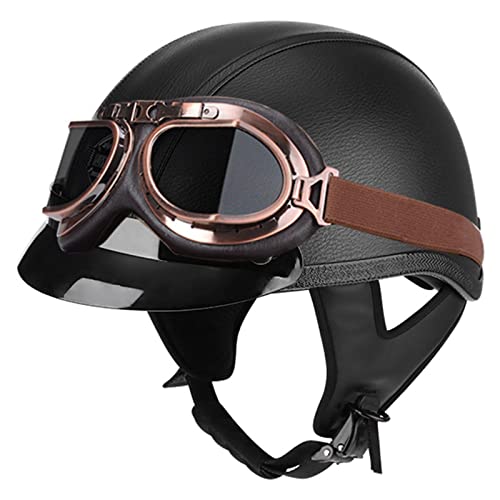 Motorradhelm Halbschalenhelm Lederhelm Halbhelm ECE Zertifizierun Jethelme Retro Leder-Helm Vintage Mopedhelm Mit Brille Motorradkreuzer-Rollerhelm im Deutschen Stil 3,XL von Sebasty