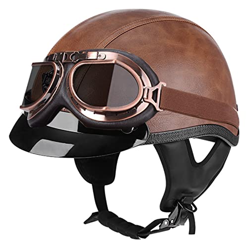 Motorradhelm Halbschalenhelm Lederhelm Halbhelm ECE Zertifizierun Jethelme Retro Leder-Helm Vintage Mopedhelm Mit Brille Motorradkreuzer-Rollerhelm im Deutschen Stil 4,L von Sebasty