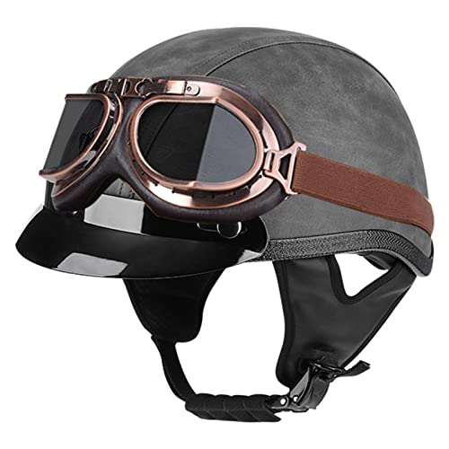 Motorradhelm Halbschalenhelm Lederhelm Halbhelm ECE Zertifizierun Jethelme Retro Leder-Helm Vintage Mopedhelm Mit Brille Motorradkreuzer-Rollerhelm im Deutschen Stil 8,L von Sebasty