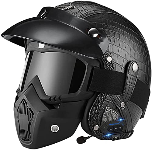 Retro Bluetooth Motorradhelm Herren Jethelm mit Brille Abnehmbare Sonnenblende ECE Zertifizierten Vintage Leder Scooter Motorrad Mofa-Helm Chopper Cruiser-Helm für Männer Damen Erwachsene 4,XL von Sebasty