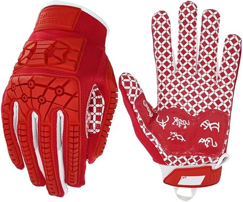 Seibertron Lineman/Linebacker Handschuhe 2.0 Padded Palm American Football Receiver Gloves, Flexibler TPR-Aufprallschutz Back of Hand Handschuhe Erwachsener Sizes Red XL von Seibertron