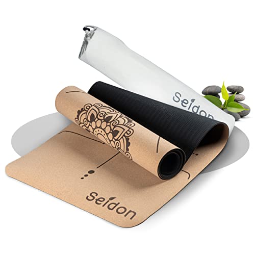 Seidon Yogamatte Kork | Trainingsmatte rutschfest | Nachhaltige Korkmatte schadstofffrei | Meditationsmatte + Hilfslinien + Tragetasche | 183x61x0,4cm von Seidon