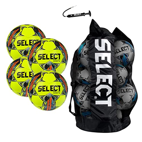 Select Brillant Super TB V22 Fußball, 4-Ball Team Pack mit Duffle Ball Tasche und Handpumpe, Gelb/Grau/Orange, Größe 5 (BSTBV22) von Select