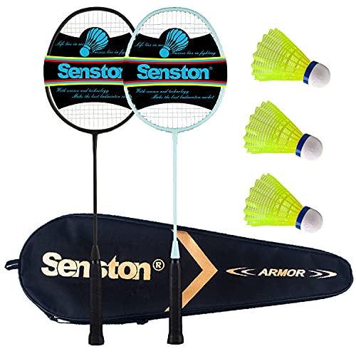 Senston Badmintonschläger Leichtgewicht Carbon-Fiber Badminton Set mit 3 Federbälle für Einsteiger, Freizeitunterhaltung, Familienfeiern von Senston