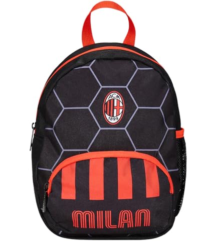 A.C. Milan Kleiner Kindergartenrucksack, Fußball, Schwarz Rot – Seitentaschen für Trinkflasche, Fronttasche, Kindergartenrucksack für Kinder – Schulrucksack für Kinder, mehrfarbig, Taglia unica, von Seven