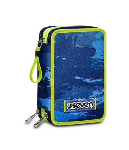 Seven Astuccio Scuola Elementare 3 Scomparti Seven – WET COLOR BOY, Blau – Inhalt 44 pz – Completo di Matite, Pennarelli etc.. – Portapenne Scuola Bambini Ragazzi – Scuola Media von Seven