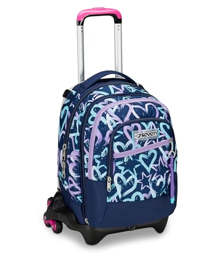 Seven Jack Detach Schultrolley mit 3 Rädern, Violett Blau, Crystal Purple, 3 in 1, Rucksack mit abnehmbarem Wagen, abnehmbare Tasche, Verwendung Rucksack und Crossover System, Schulrucksack für von Seven