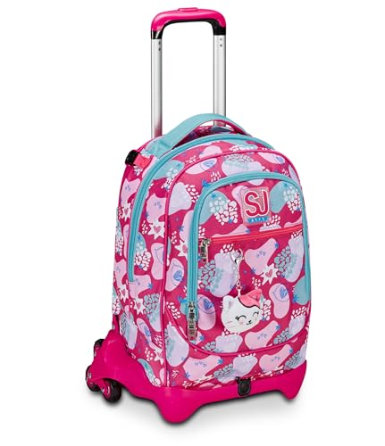 SJ Gang Schultrolley Jack 3 Rollen, Rosa, PinkFur, 3 in 1, Dreifachverwendung, Rucksack mit abnehmbarem Wagen, Trinkflaschenhalter und Crossover System, Rucksack für die Grundschule, Rucksack für von Seven