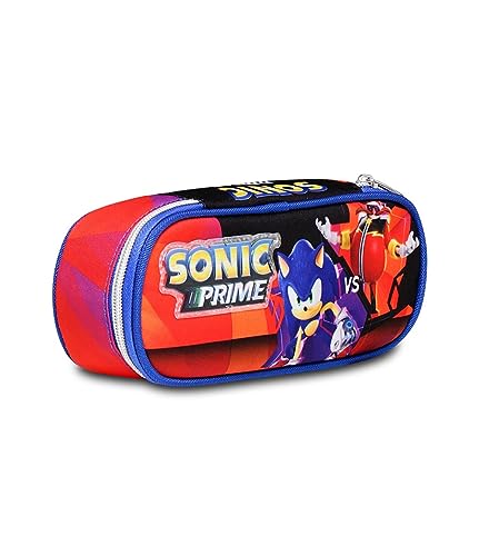 Schülertasche Rund Plus Sonic Come and GET ME, Blau Rot - Stiftehalter für Schule Monofach - Federmäppchen für Kinder und Jungen - Grundschule, Mittelschule, blau, Taglia Unica, Schule von Seven