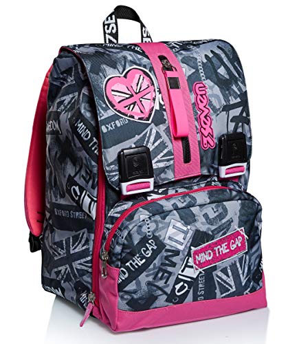 Seven Rucksack, Backpack für Schule, Uni & Freizeit, Erweiterbarer Schulranzen, Geräumige Schultasche für Teenager, Mädchen und Jungen, Extra Platz, rosa/grau, KEEP FLAG von Seven