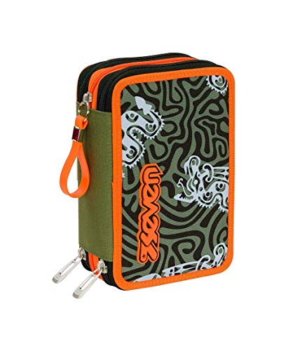 Seven Federmäppchen, Mäppchen, mehrfarbig, Federtasche für Schreibwaren, Etui mit Stiften, Kugelschreiber, & mehr, 3 Fächer, Mädchen & Jungen, Schule - Grundschule, XXL TOTEM CAMOU orange/grün von Seven