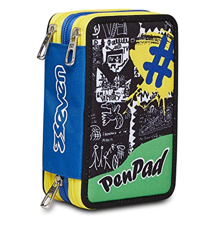 Seven Federmäppchen, Mäppchen, mehrfarbig, Federtasche für Schreibwaren, Etui mit Stiften, Kugelschreiber, & mehr, 3 Fächer, Mädchen & Jungen, Schule - Grundschule, XXL, gelb/blau von Seven