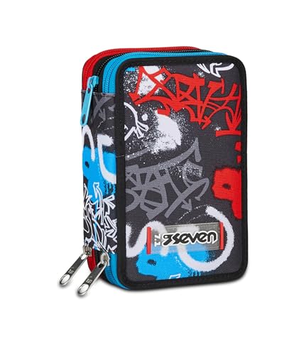 Seven Schulmäppchen mit 3 Reißverschlüssen, Schwarz Rot Hellblau, Half Street, Stiftehalter mit Dreifachfach komplett mit Stiften, Bleistiften, Farben, Zubehör Rucksack, Grundschule, Medium, Kinder, Seven Schulmäppchen mit 3 Reißverschlüssen, Schwarz Rot Hellblau, Half Street, Stiftehalter mit Dreifachfach komplett mit Stiften, Bleistiften, Farben, Zubehör Rucksack, Grundschule, Medium, Kinder, von Seven