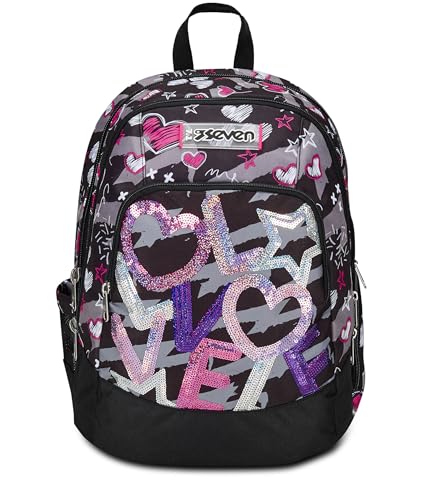 Seven Schulrucksack Advanced, Schwarz Fuchsia, Draft Heart, Doppelter Rucksack mit Tasche für PC oder Tablet, Getränkehalter und Organizer, Rucksack für mittlere und höhere Schulen, Mädchen, Schwarz, Seven Schulrucksack Advanced, Schwarz Fuchsia, Draft Heart, Doppelter Rucksack mit Tasche für PC oder Tablet, Getränkehalter und Organizer, Rucksack für mittlere und höhere Schulen, Mädchen, Schwarz, von Seven