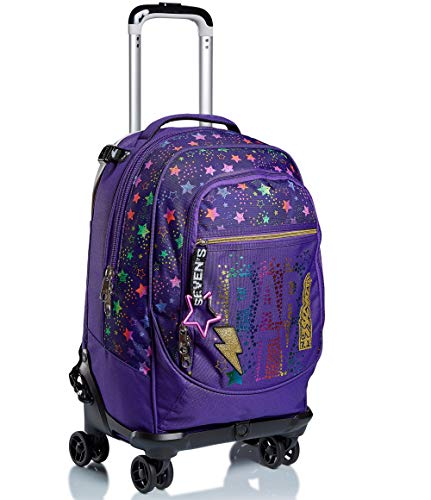 Seven TROLLEY JACK-4WD DANCE PARTY, Rucksack mit Trolleyfunktion, Schulranzen mit Rollen, 3 in 1, Abnehmbarer Rucksack, ab 1. Klasse, für Schule, Gymnasium, Reisen&Freizeit, Mädchen&Jungen, violett von Seven