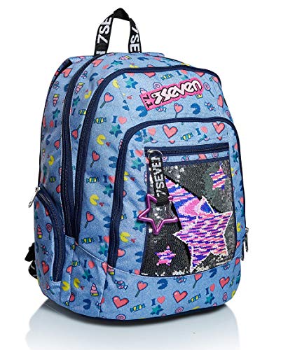 SEVEN Rucksack Advanced, Backpack für Schule, Uni & Freizeit, Geräumige Schultasche für Teenager, Mädchen, Jungen, Gepolsterter Schulranzen; STARRY RAINBOW, blau, mit Laptopfach von Seven