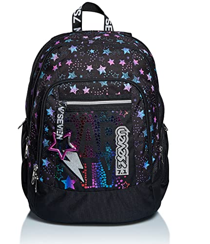 SEVEN Rucksack Advanced, Backpack für Schule, Uni & Freizeit, Geräumige Schultasche für Teenager, Mädchen, Jungen, Gepolsterter Schulranzen; DANCE PARTY, schwarz, mit Laptopfach von Seven