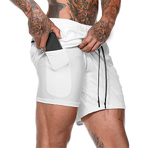 Sevenvtwo Herren Doppel Schicht Mesh Fitness Shorts Fitness Studio Weiche Schnell Trocknende Shorts Schnell Trocknende Hose Rad Hose Weiß XXL von Sevenvtwo