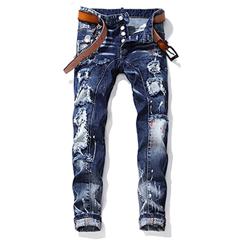 ShFhhwrl Jeans Mens Jeans Fashion Design Denim Jeans Hip Hop Ripped Skinny Jeans Men 30 Blue von ShFhhwrl
