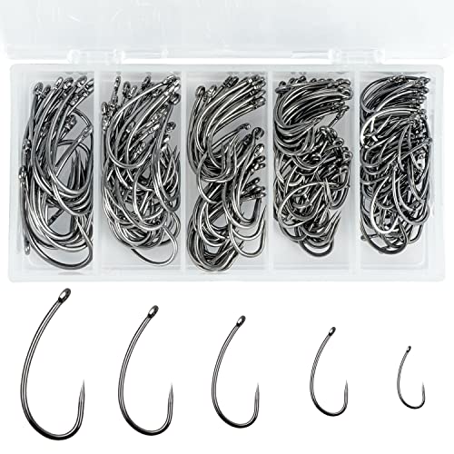 200stk Karpfen Angelhaken Kit Kurve Shank Widerhaken/Kein Widerhaken Karpfenhaken Angelvorfächer Boilie Köder Feeder Vorfachtakelung grobes Karpfen Angelzubehör(Barbless Kit) von SHADDOCK