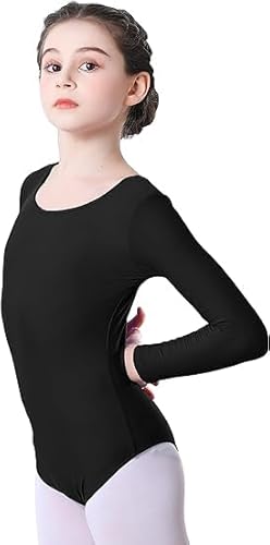 Mädchen-Gymnastikanzug mit langen Ärmeln, glänzend, für Ballett, Gymnastik, Schule, Sport, Tanz (schwarz, Alter 9–10 Jahre) von Shadow Dance UK