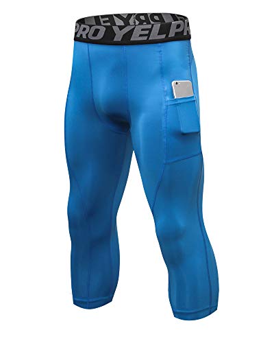 3/4 Sport Leggings Herren Schnell Trocknende Laufhose Kompressionshose Training Shorts mit Taschen Blau L von Shengwan