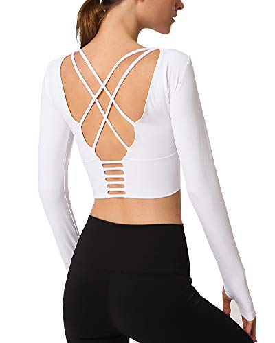 Shengwan Damen Rückenfrei Langarm Sport T-Shirts Cropped Laufshirt Yoga Fitness Oberteil mit Brustpolster Weiß M Shengwan Damen Rückenfrei Langarm Sport T-Shirts Cropped Laufshirt Yoga Fitness Oberteil mit Brustpolster Weiß M von Shengwan