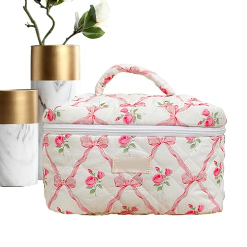 Gesteppte Make-up-Tasche, Baumwoll-Kosmetiktasche, Florale Make-up-Tasche, Gesteppte Kulturtasche, tragbare Reisetasche mit Reißverschluss, Kosmetik-Organizer für Frauen und Mädchen von Shenrongtong