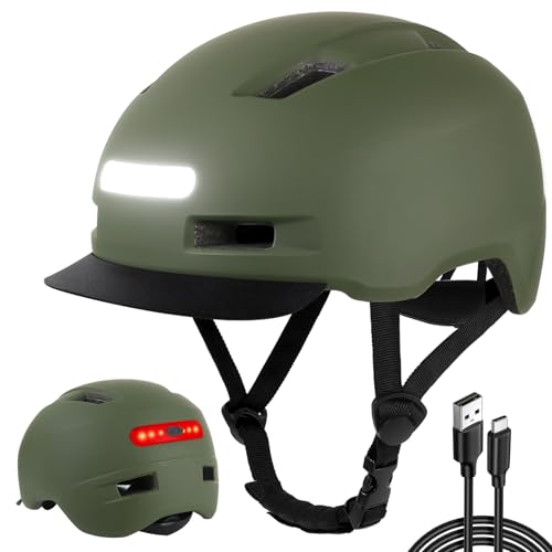 Shinmax Fahrradhelm Herren Damen, Helm Fahrrad mit USB Licht 5 Modi Fahrradhelm mit Visier, Mountainbike Helm Rennradhelm Erwachsen für Scooter Urban Pendler Green M von Shinmax