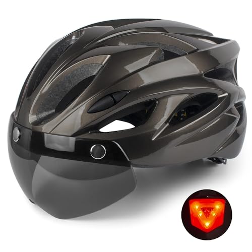 Shinmax Fahrradhelm Herren Damen,Fahrradhelm mit Visier Abnehmbarer Schutzbrille MTB Helm mit LED Rücklicht Sicherheitsschutz für Erwachsene Radhelm Einstellbarer 56-62CM (A-Titan) von Shinmax