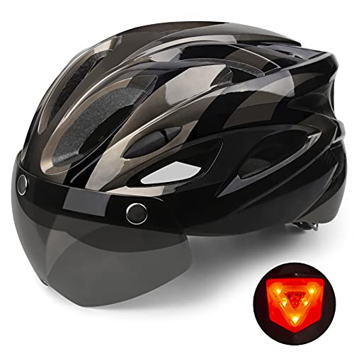 Shinmax Fahrradhelm Herren Damen,Fahrradhelm mit Visier Abnehmbarer Schutzbrille MTB Helm mit LED Rücklicht Sicherheitsschutz für Erwachsene Radhelm Einstellbarer 56-62CM von Shinmax