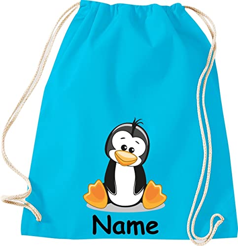 ShirtInStyle Turnbeutel Tiere Pinguin mit Wunschnamen, Kinder, Stoffbeutel, Kinderrucksack, Jute, Gymsack, Farbe Tuerkis von ShirtInStyle