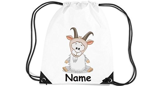 Kinder Gym Sack Turnbeutel Tiermotiv Ziege mit Wunschnamen Farbe Weiss von Shirtinstyle